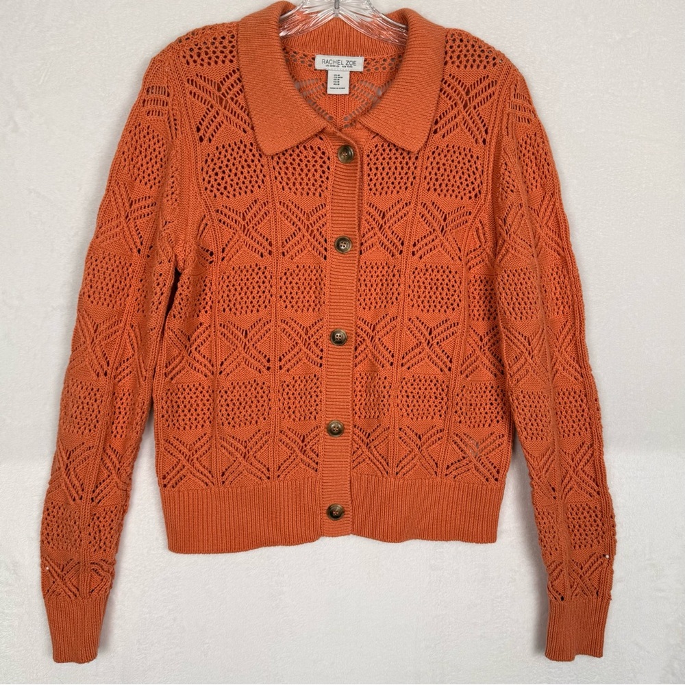 Rachel Zoe Collared Crochet Knit Cardigan Sweater Peach Coral Medium - Picture 2 of 12